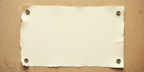 Fototapeta premium A simple, blank, white paper sheet pinned to a corkboard with four silver tacks, providing a perfect space for message or notice.