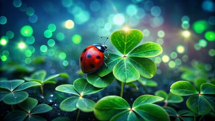 Close-up of a vibrant ladybug perched on green clover leaves in a lively spring setting, showcasing the beauty of nature with soft bokeh background.