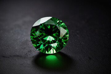 Fototapeta premium Vibrant, faceted diamond with a luminous green hue set against a dark background