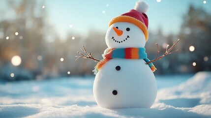 Obraz premium A snowman adorned with a colorful scarf and twig arms, joyfully standing in a warm-toned winter scene with softly falling snowflakes 