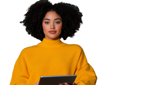 Young woman with curly hair holding a tablet in a bright yellow sweater on transparent background - Powered by Adobe