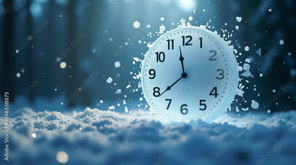 Poster a clock face breaks apart, creating shards that reshape into a beautiful winter wonderland filled wi