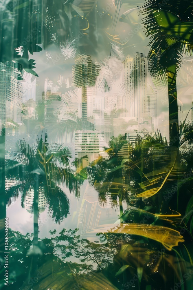 Poster abstract double exposure of rainforest and architecture.