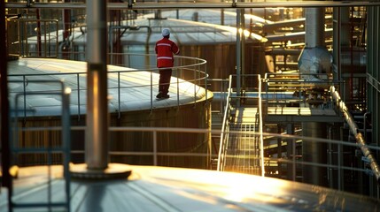 Worker with process machinery in oil blending factory Worker on top of storage tanks in oil blending factory