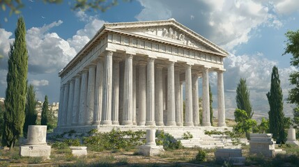 Fototapeta premium Majestic Ancient Greek Temple with Towering Columns Against a Stunning Sky, Surrounded by Lush Greenery and a Serene Landscape