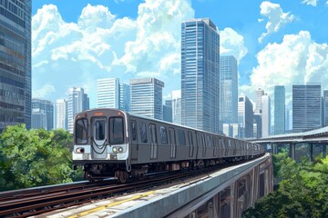 Fototapeta premium A train is traveling down a track in a city