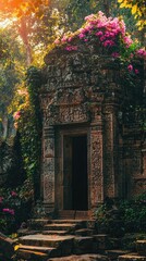 Naklejka premium Mystical Ancient Temple Hidden in the Jungle Surrounded by Lush Vines and Vibrant Flowers Illuminated by Soft Sunlight