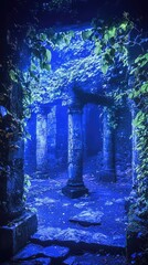 Mystical Ancient Ruins Enveloped in Ivy, Bathed in Ethereal Blue Light, Showcasing Timeless Beauty and Enchantment in a Forgotten World
