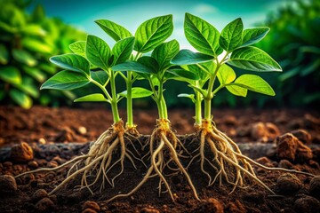 Green Soybean Plants Growing in Rich Soil with Exposed Roots, Showcasing Sustainable Agriculture Practices and Healthy Crop Development