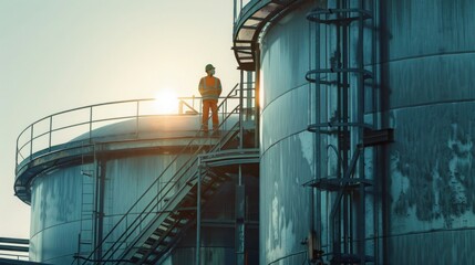Worker with process machinery in oil blending factory Worker on top of storage tanks in oil blending factory