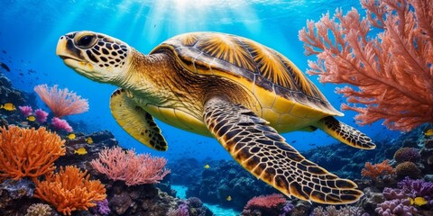 Obraz premium Vibrant sea turtle swimming through colorful coral reef in a tropical ocean