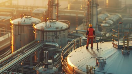 Worker with process machinery in oil blending factory Worker on top of storage tanks in oil blending factory
