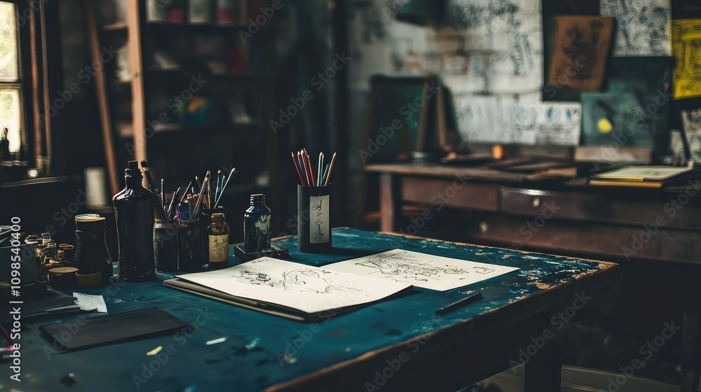 Poster creative workspace of an artist featuring open ink bottles and a sketch pad set against a unique art