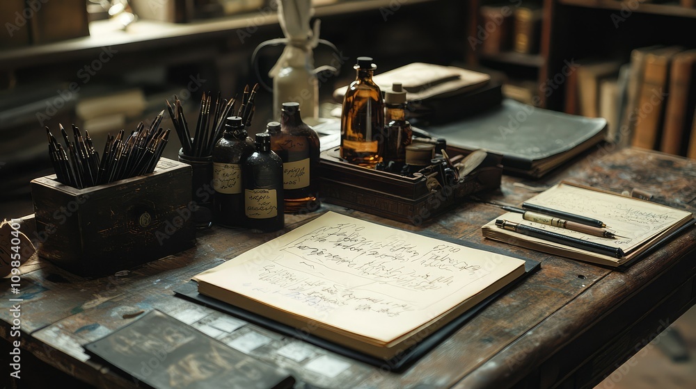 Poster artistic workspace featuring open ink bottles and sketch pad with various drawing tools in a rustic 