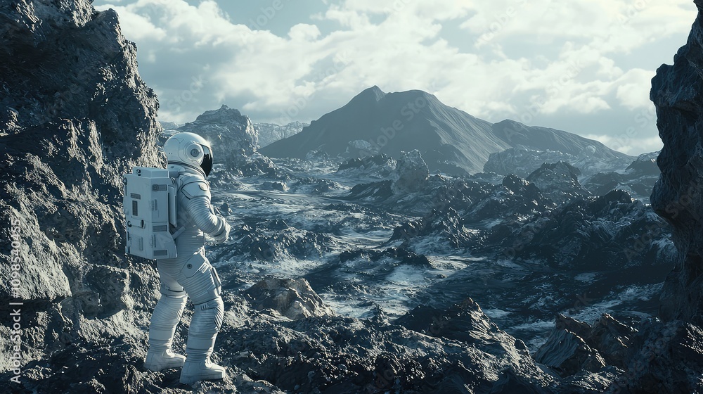 Poster Astronaut Exploring a Rugged, Rocky Terrain on a Distant Planet Under a Vast Sky with Dramatic Clouds and Unique Geological Features in a Sci-Fi Setting