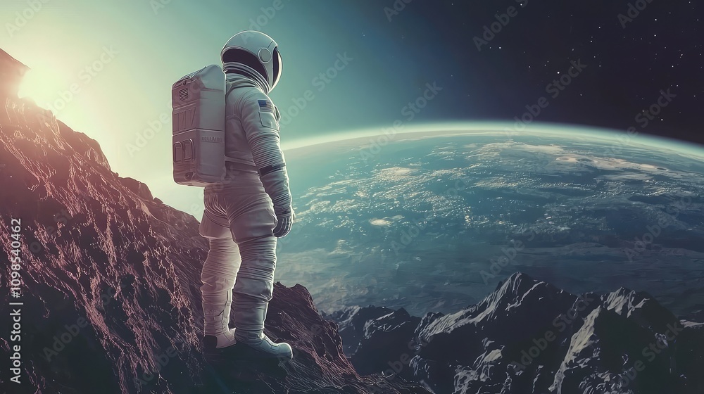 Poster astronaut standing on rugged rocky surface while exploring distant planet with earth visible in the 