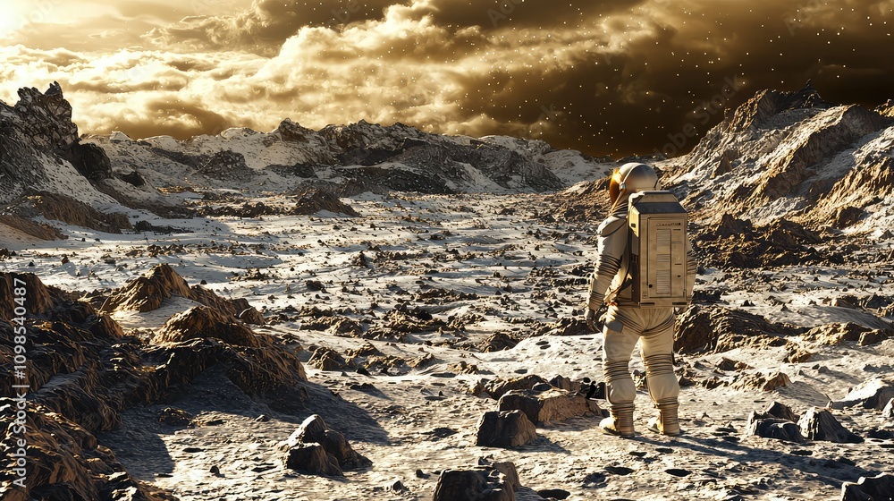 Poster an astronaut exploring a unique moon landscape with craters under a dramatic sky in a sci-fi setting
