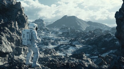 Astronaut Exploring a Rugged, Rocky Terrain on a Distant Planet Under a Vast Sky with Dramatic Clouds and Unique Geological Features in a Sci-Fi Setting