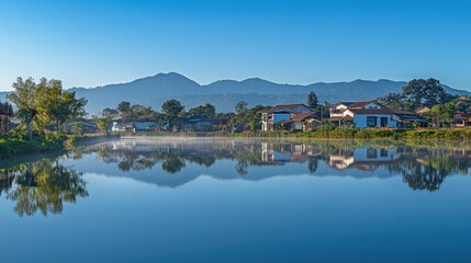 Fototapeta premium Peaceful Village Lakeside Serenity Mountain View