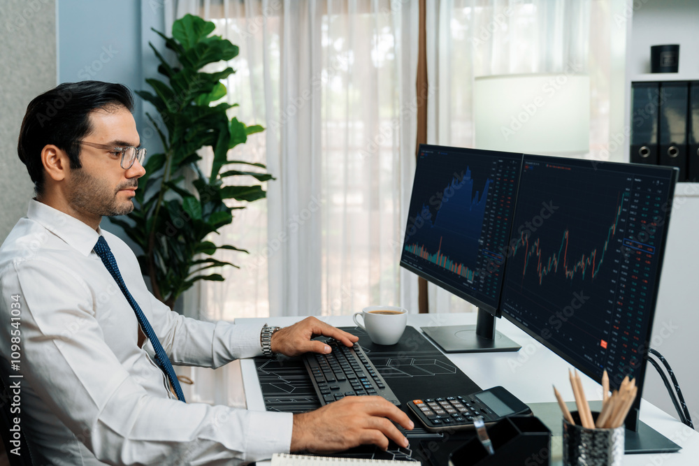 Poster trader businessman concentrating with two stock exchange investment to compare data analysis to inve