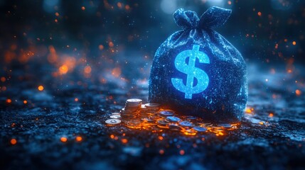 3D blue hologram money bag with dollar sign and glowing coins in a digital environment