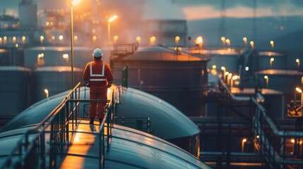 Worker with process machinery in oil blending factory Worker on top of storage tanks in oil blending factory