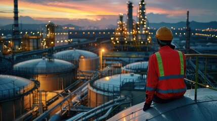 Worker with process machinery in oil blending factory Worker on top of storage tanks in oil blending factory