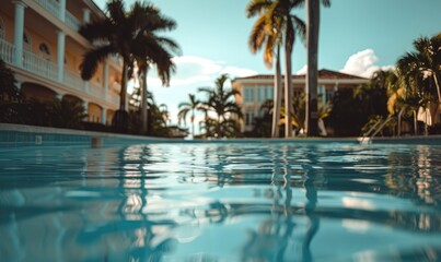 Fototapeta premium View from within a crystal-clear swimming pool looking at a grand mansion surrounded by lush palm trees under a blue sky