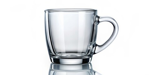 Elegant Transparent Glass Mug Isolated on White Background, Perfect for Architectural Photography or Minimalist Style Designs Featuring Clear Drinkware