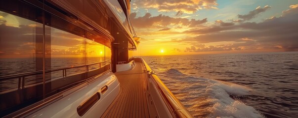 Obraz premium Luxurious yacht sailing on the open ocean captured at sunset, symbolizing adventure and wealth