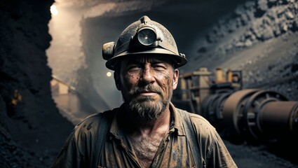 Fototapeta premium Hardworking miner with helmet standing in coal mine tunnel at dusk