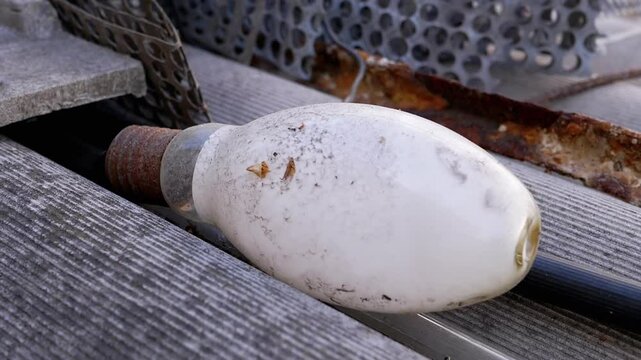 A discarded light bulb rests on rusty metal, symbolizing waste and obsolescence. Its dusty surface and the surrounding debris create a scene of neglect, depicting environmental concerns.