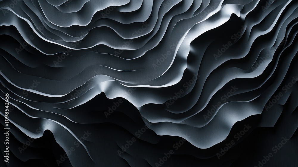 Poster abstract dark gray waves: a 3d render of undulating layers
