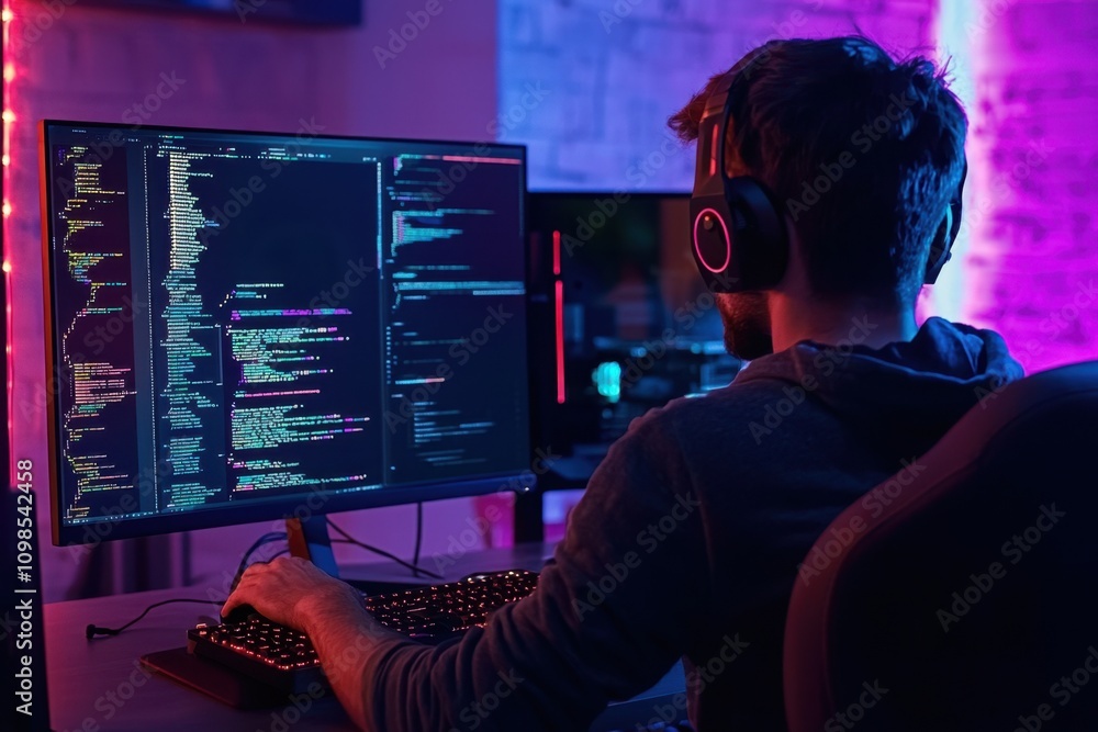 Poster a man is sitting in front of a computer with a keyboard and a monitor