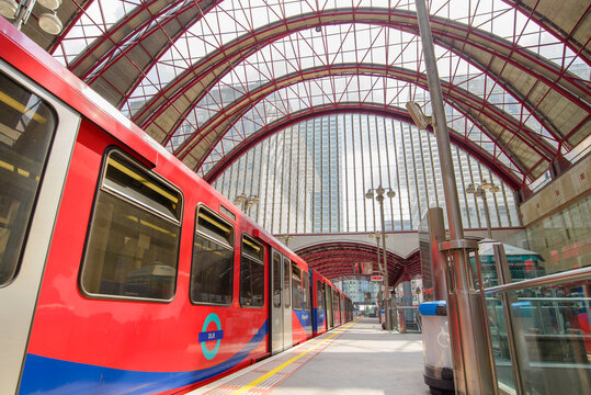 London, UK - May 8, 2018: Docklands Light Railway DLR train at Canary Wharf Station