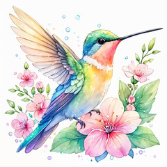 Obraz premium A colorful hummingbird perched on a branch with pink flowers around it.