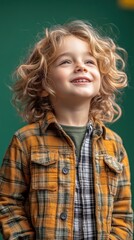 Joyful Child with Curly Hair in Plaid Shirt