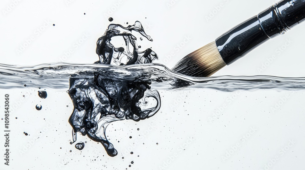 Poster ink dripping from a brush into water creating abstract patterns and textures, capturing the fluid dy
