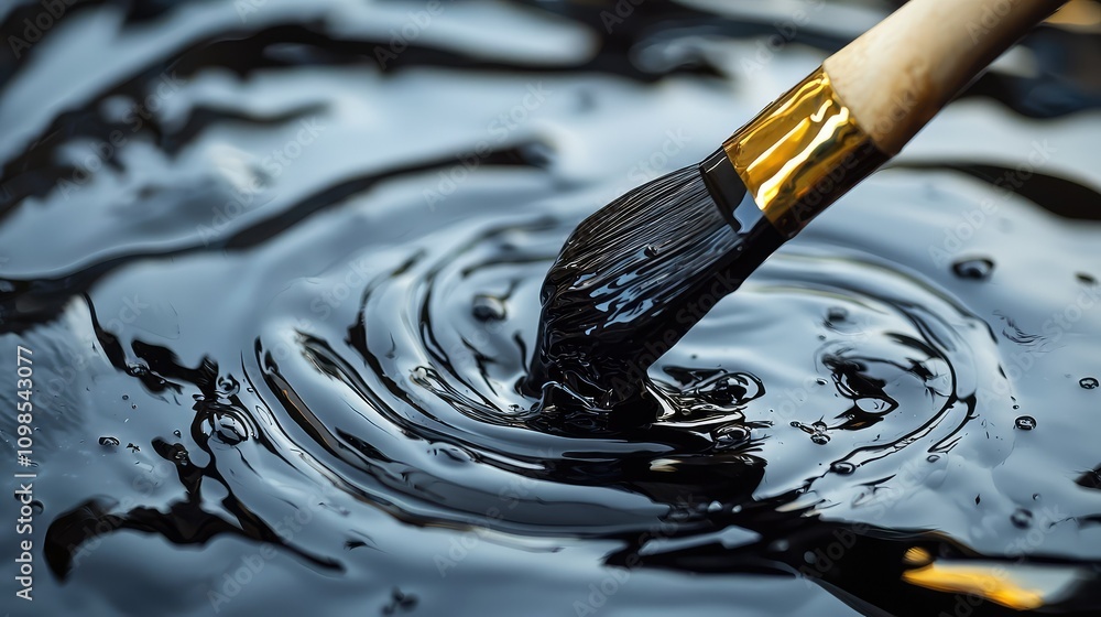 Poster black ink dripping from brush into water, creating abstract patterns and ripples in a serene and art
