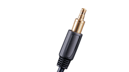 Audio jack connector with gold-plated tip and black plastic housing on transparent background