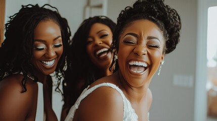 Obraz premium Joyful Bride and Bridesmaids Sharing Laughter Together in a Heartwarming Moment Before the Wedding Ceremony, Celebrating Love and Friendship