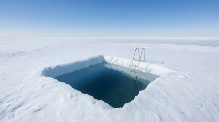 Obraz premium Cool Arctic Landscape on a Bright Sunny Day with Ice Pool | Pristine Snow-Covered Terrain and Clear Blue Water | Stunning Polar Scenery in a Serene Setting