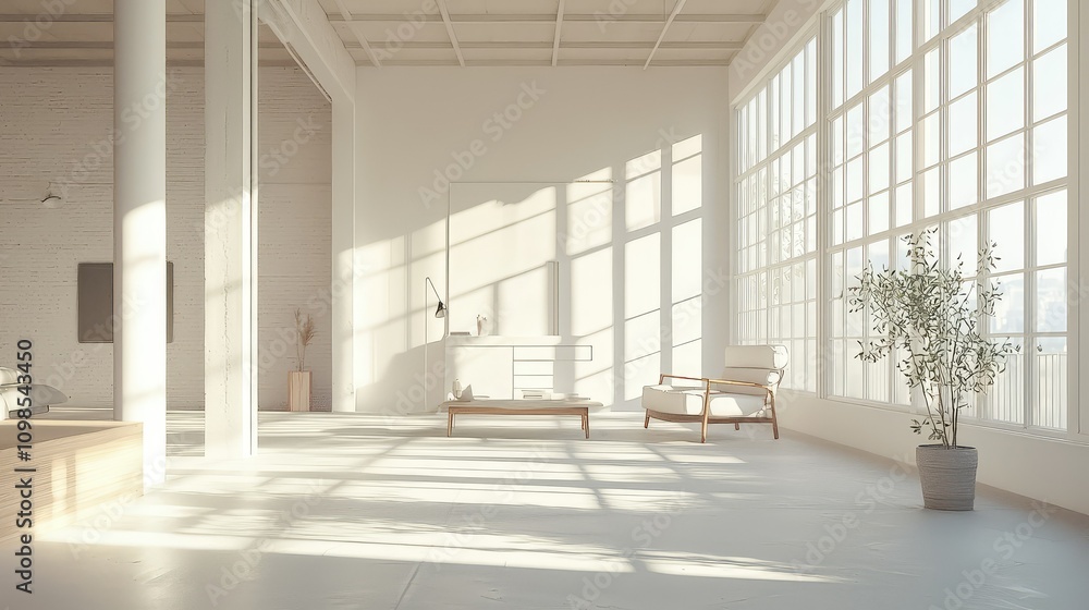 Poster bright and simple studio with large windows illuminating minimalist interiors in natural light, perf
