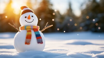 Fototapeta premium A playful snowman with a carrot nose, twig arms, and a colorful scarf stands amidst a snow-blanketed pine landscape under softly falling snow and glowing sunlight.