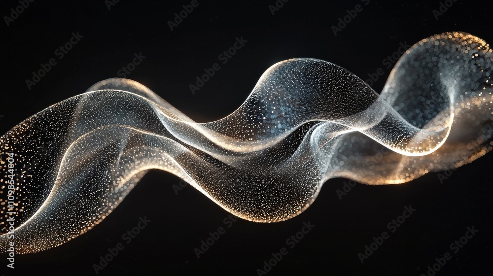 Poster a captivating abstract image of flowing waves, showcasing shimmering particles against a dark backgr