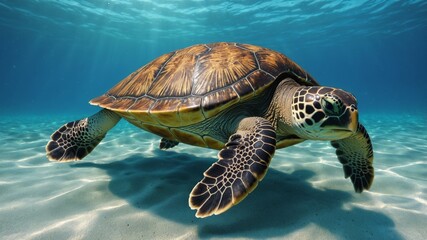 Fototapeta premium Sea turtle glides gracefully through clear blue waters near sandy ocean floor