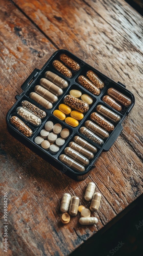 Poster a close-up view of an open pill organizer filled with various capsules and tablets on a rustic woode
