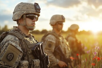 Fototapeta premium Soldiers walking through a field of flowers during sunset