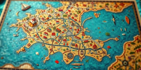 Obraz premium A colorful and intricate board game map featuring a whimsical island with charming houses, winding roads, and boats sailing in the surrounding sea.