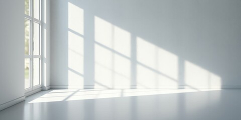 Fototapeta premium Sunlight streaming through a window casts a grid pattern of shadows on the white wall of an empty room